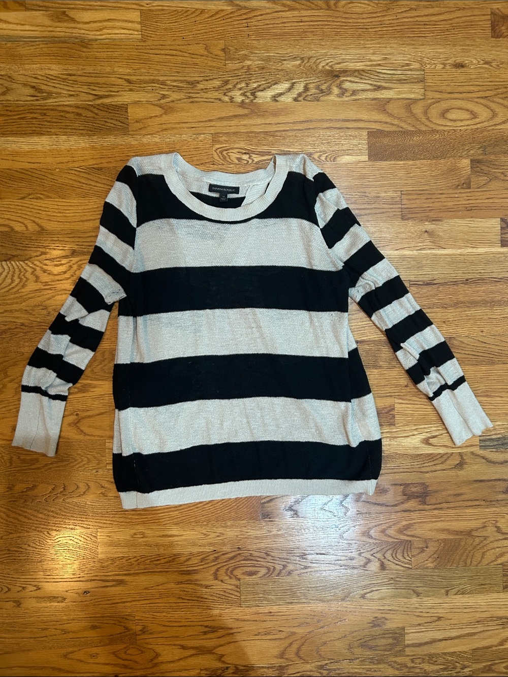 Banana Republic Black and Cream Striped Crewneck Sweater